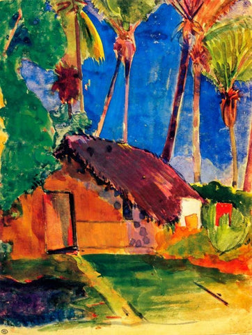 Thatched Hut Under Palm Trees White Modern Wood Framed Art Print with Double Matting by Gauguin, Paul