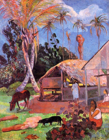 The Black Pigs Black Ornate Wood Framed Art Print with Double Matting by Gauguin, Paul