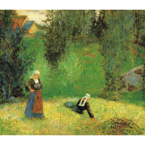 The First Flowers Black Modern Wood Framed Art Print by Gauguin, Paul