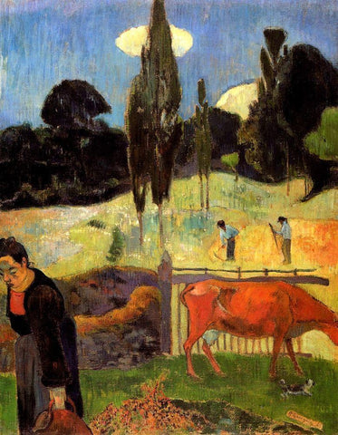 The Red Cow Black Ornate Wood Framed Art Print with Double Matting by Gauguin, Paul