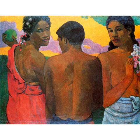 Three Tahitians Gold Ornate Wood Framed Art Print with Double Matting by Gauguin, Paul