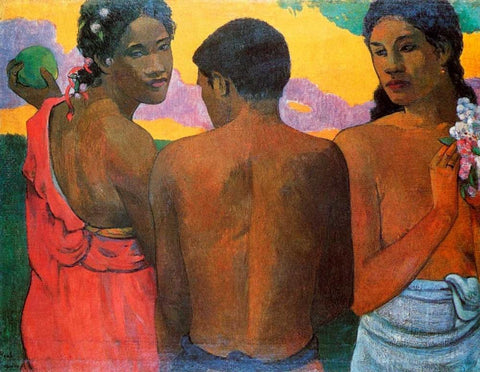 Three Tahitians White Modern Wood Framed Art Print with Double Matting by Gauguin, Paul