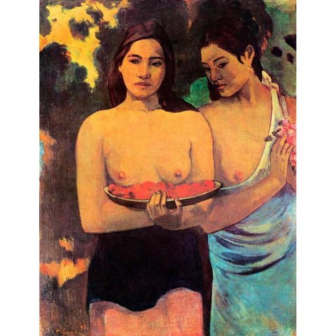 Two Tahitian Women With Mangoes White Modern Wood Framed Art Print by Gauguin, Paul