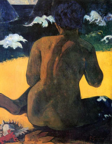 Woman By The Sea Black Ornate Wood Framed Art Print with Double Matting by Gauguin, Paul
