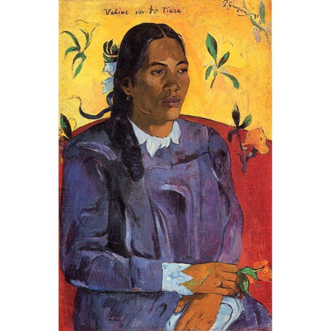 Woman With A Flower Black Modern Wood Framed Art Print with Double Matting by Gauguin, Paul