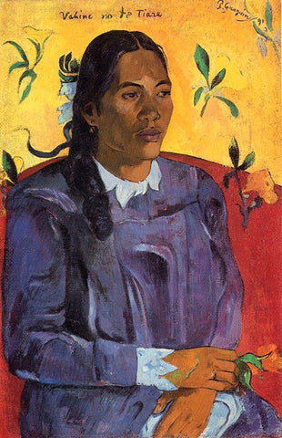 Woman With A Flower White Modern Wood Framed Art Print with Double Matting by Gauguin, Paul