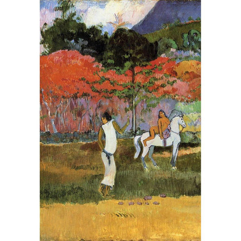 Women And White Horse Detail Gold Ornate Wood Framed Art Print with Double Matting by Gauguin, Paul