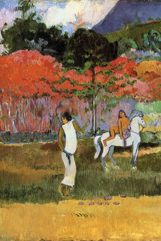 Women And White Horse Detail White Modern Wood Framed Art Print with Double Matting by Gauguin, Paul