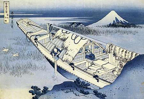 A Boat Moored At Ushibori In Hitachi Province 1831 White Modern Wood Framed Art Print with Double Matting by Hokusai