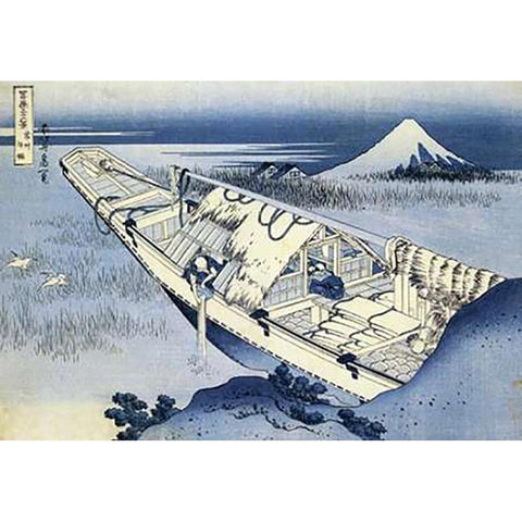 A Boat Moored At Ushibori In Hitachi Province 1831 Gold Ornate Wood Framed Art Print with Double Matting by Hokusai