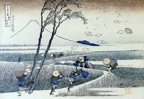 A Sudden Gust Of Wind At Ejiri Black Ornate Wood Framed Art Print with Double Matting by Hokusai