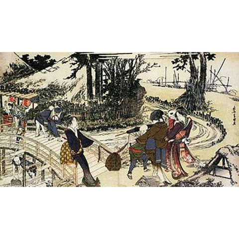 A Village By A Bridge 1798 Black Modern Wood Framed Art Print with Double Matting by Hokusai