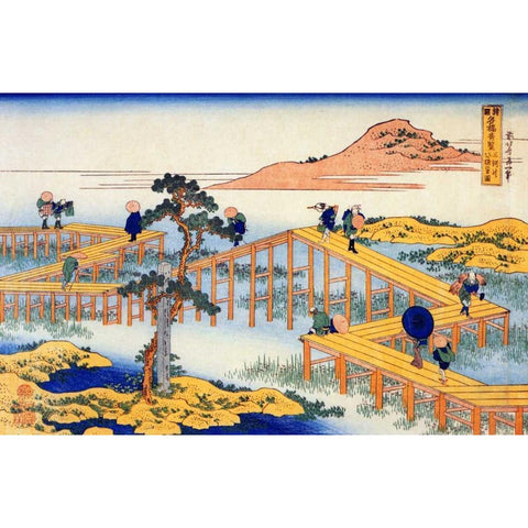 Admiring The Irises At Yatsuhashi In Mikawa Gold Ornate Wood Framed Art Print with Double Matting by Hokusai