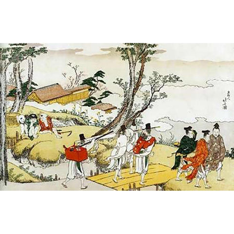 Courtiers Crossing A Bridge 1801 Black Modern Wood Framed Art Print with Double Matting by Hokusai