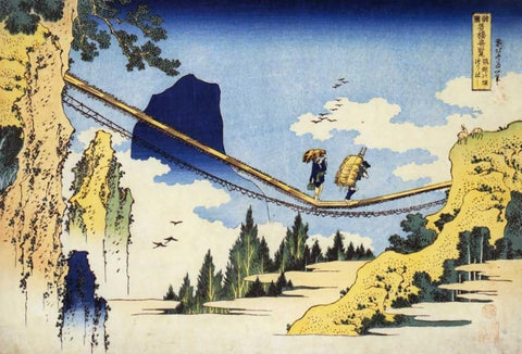 Farmers Crossing A Suspension Bridge White Modern Wood Framed Art Print with Double Matting by Hokusai