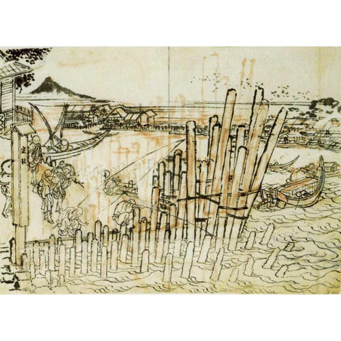 Fishing At Shimadagahana 1833 Gold Ornate Wood Framed Art Print with Double Matting by Hokusai