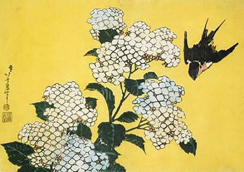 Hydrangea And Swallow Black Ornate Wood Framed Art Print with Double Matting by Hokusai