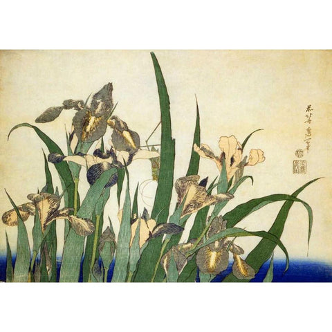 Irises Gold Ornate Wood Framed Art Print with Double Matting by Hokusai