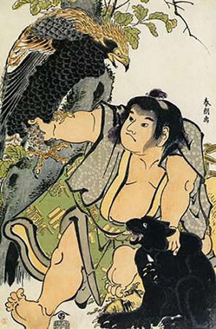 Kintaro And The Wild Animals 1780s Black Ornate Wood Framed Art Print with Double Matting by Hokusai