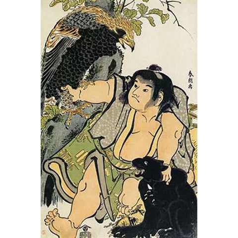 Kintaro And The Wild Animals 1780s Black Modern Wood Framed Art Print with Double Matting by Hokusai