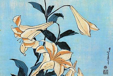 Lilies Black Ornate Wood Framed Art Print with Double Matting by Hokusai