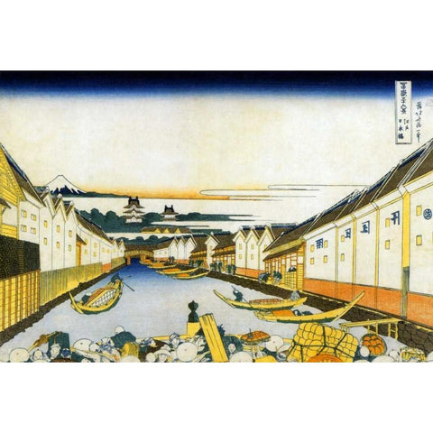 Mount Fuji And Edo Castle Seen From Nihonbashi 1834 Black Modern Wood Framed Art Print with Double Matting by Hokusai