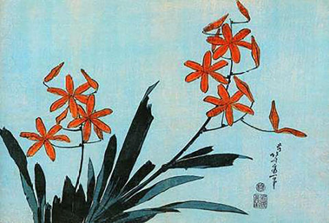 Orange Orchids Black Ornate Wood Framed Art Print with Double Matting by Hokusai