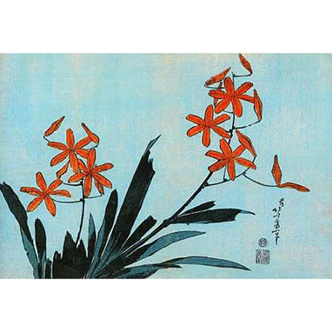 Orange Orchids Black Modern Wood Framed Art Print by Hokusai