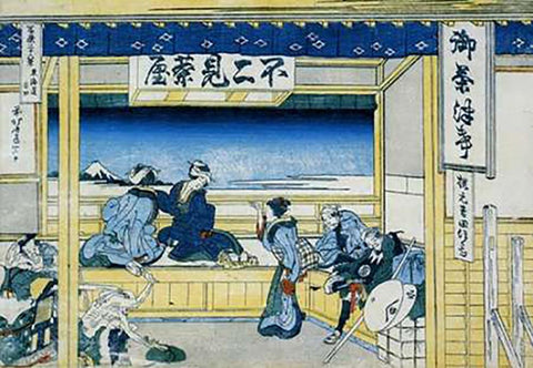 People Admiring Mount Fuji From A Teahouse 1834 White Modern Wood Framed Art Print with Double Matting by Hokusai