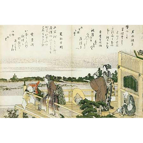 People On The Balcony Of The Sazaido Black Modern Wood Framed Art Print by Hokusai