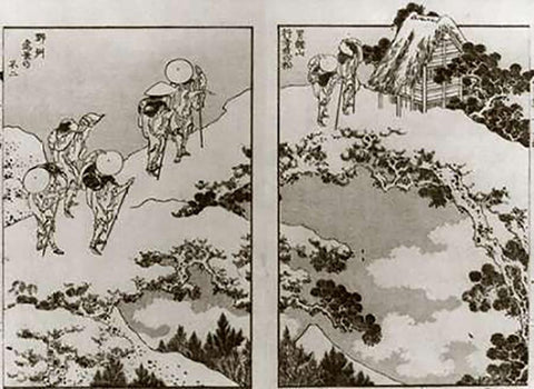 Pilgrims On A Snow Covered Bridge White Modern Wood Framed Art Print with Double Matting by Hokusai