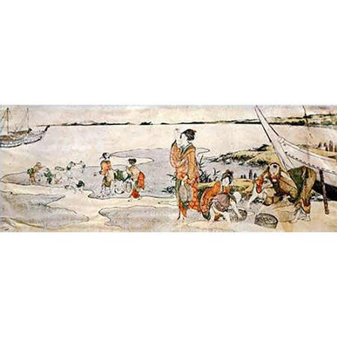 Shellfish Gathering White Modern Wood Framed Art Print by Hokusai