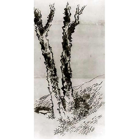 Two Trees 1830s Black Modern Wood Framed Art Print with Double Matting by Hokusai