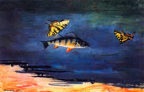 Fish And Butterflies White Modern Wood Framed Art Print with Double Matting by Homer, Winslow