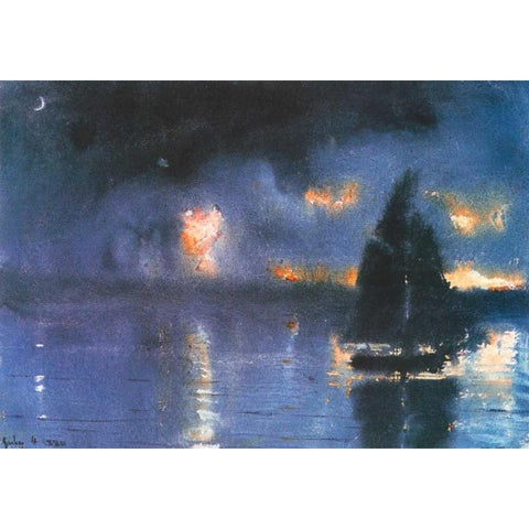 Sailboat And Fourth Of July Fireworks White Modern Wood Framed Art Print by Homer, Winslow