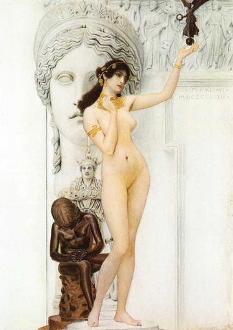 Allegory Of Sculpture 1889 White Modern Wood Framed Art Print with Double Matting by Klimt, Gustav