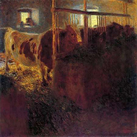 Cows In A Satble 1899 Black Modern Wood Framed Art Print by Klimt, Gustav