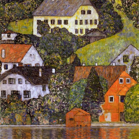 Houses In Unterach On Lake Atter 1916 Black Ornate Wood Framed Art Print with Double Matting by Klimt, Gustav