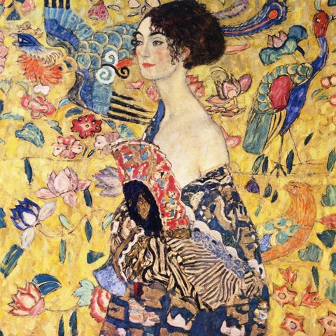 Lady With Fan White Modern Wood Framed Art Print by Klimt, Gustav