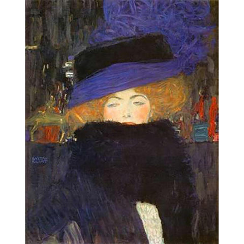 Lady With Hat And Featherboa 1909 Black Modern Wood Framed Art Print with Double Matting by Klimt, Gustav