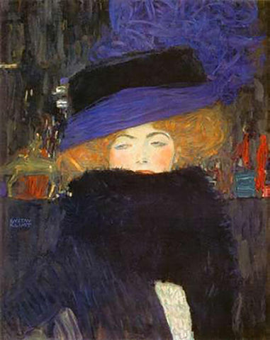 Lady With Hat And Featherboa 1909 Black Ornate Wood Framed Art Print with Double Matting by Klimt, Gustav