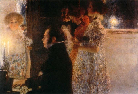 Schubert At The Piano 1899 White Modern Wood Framed Art Print with Double Matting by Klimt, Gustav