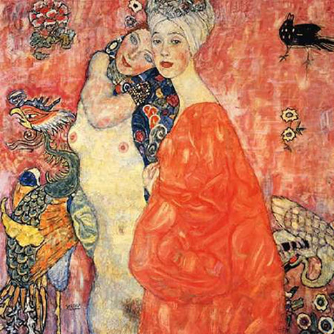 The Girlfriends 1917 White Modern Wood Framed Art Print with Double Matting by Klimt, Gustav