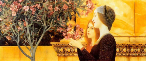 Two Girls With Oleander c. 1892 White Modern Wood Framed Art Print with Double Matting by Klimt, Gustav