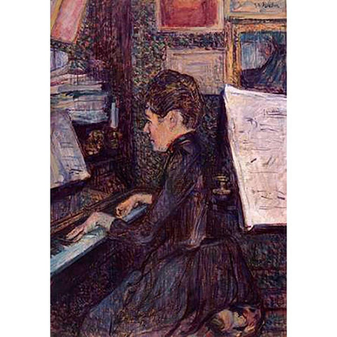 Mlle Dihau Playing The Piano Black Modern Wood Framed Art Print with Double Matting by Toulouse-Lautrec, Henri