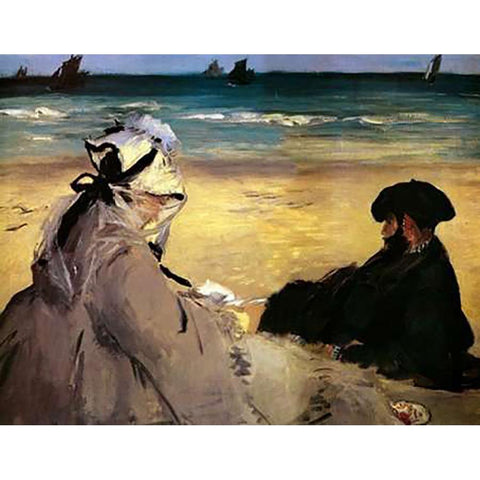 At the Beach Gold Ornate Wood Framed Art Print with Double Matting by Manet, Edouard