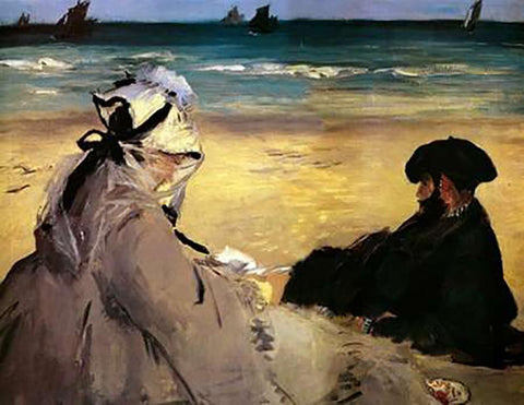 At the Beach Black Ornate Wood Framed Art Print with Double Matting by Manet, Edouard
