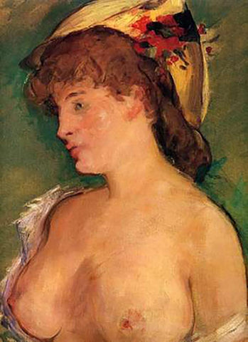 Blonde Woman with Bare Breasts Black Ornate Wood Framed Art Print with Double Matting by Manet, Edouard