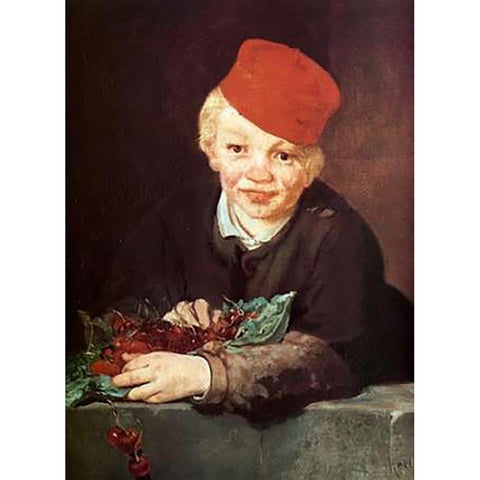 Boy with Cherries White Modern Wood Framed Art Print by Manet, Edouard