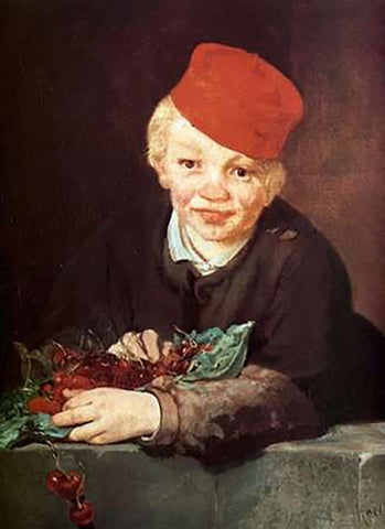 Boy with Cherries White Modern Wood Framed Art Print with Double Matting by Manet, Edouard